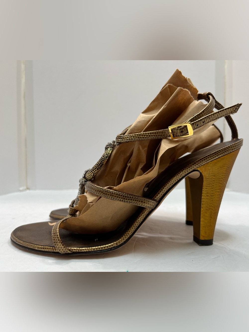 Vintage Vicini Giuseppe Zanotti Gold Crystal T-Strap Sandals Heels Size 9 - Picture 6 of 15